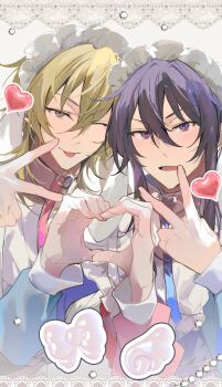 2boys :p alternate_costume apron bib_collar blonde_hair blue_jacket blush border brown_hair commentary_request crossdressing crossdressing_(mtf) crossed_bangs embarrassed ensemble_stars! frilled_jacket frills hair_between_eyes hair_intakes hakaze_kaoru heads_together heart heart_hands heart_hands_duo heart_zipper high_collar highres inward_v jacket jersey_maid kanzaki_souma kaoso lace lace_border long_hair long_sleeves looking_at_viewer maid maid_headdress male_focus male_maid medium_hair mini_wings multiple_boys one_eye_closed open_mouth ornate_border pink_jacket ponytail purple_eyes purple_hair sequins sidelocks string_of_pearls tongue tongue_out track_jacket unconventional_maid upper_body v v-shaped_eyebrows waist_apron white_background white_jacket wings wolf_cut yaoi zipper zipper_pull_tab