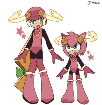 Rule 34 | 2girls, amy rose, black bodysuit, blonde hair, bodysuit, cosplay, crossover, full body, green eyes, helmet, highres, koasku, leotard, long hair, mega man (series), mega man battle network (series), multiple girls, pink helmet, pink leotard, roll.exe (mega man), roll.exe (mega man) (cosplay), simple background, sonic (series), white background