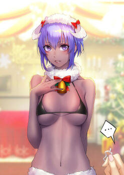 2girls bare_shoulders bell bikini black_bikini blush breasts cleavage dark-skinned_female dark_skin fake_horns fate/grand_order fate_(series) fur_collar hassan_of_serenity_(fate) hassan_of_serenity_(merry_sheep)_(fate) hat highres horns jingle_bell looking_at_viewer medium_breasts multiple_girls navel purple_eyes purple_hair sheep_horns short_hair sidelocks swimsuit white_hat yand