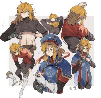 1boy adjusting_clothes adjusting_gloves artist_name beret black_sweater blonde_hair blue_eyes border closed_mouth commentary_request dressing earrings full_body gloves hair_between_eyes hat highres jewelry leopardtiger link male_focus military_hat military_uniform nintendo one_eye_closed pointy_ears ponytail prosthesis prosthetic_arm putting_on_footwear red_shirt scar shirt sidelocks simple_background solo sweater tattoo the_legend_of_zelda the_legend_of_zelda:_breath_of_the_wild the_legend_of_zelda:_tears_of_the_kingdom turtleneck turtleneck_sweater upper_body white_background white_gloves