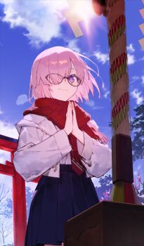 1girl blue_skirt blue_sky blush fate/grand_order fate_(series) glasses hair_over_one_eye jacket long_sleeves mash_kyrielight noco_(adamas) official_art pink_hair purple_eyes red_scarf scarf short_hair skirt sky smile solo white_jacket