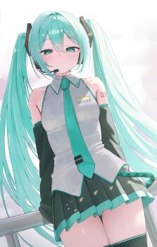 1girl absurdres aqua_eyes aqua_hair aqua_necktie aqua_trim arm_tattoo auuufox bare_shoulders black_skirt black_sleeves closed_mouth collared_shirt commentary cowboy_shot crossed_bangs detached_sleeves double-parted_bangs dutch_angle grey_shirt hair_between_eyes hair_ornament hatsune_miku headphones highres light_blush long_hair looking_at_viewer microphone miniskirt necktie number_tattoo panties pantyshot pleated_skirt railing shirt skirt sleeveless sleeveless_shirt smile solo standing striped_clothes striped_panties tattoo thigh_gap thighs_together tie_clip twintails underwear very_long_hair vocaloid