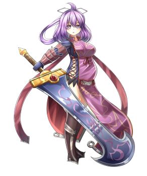 1girl ao_no_kiseki arm_guards artist_request breasts commentary dress eiyuu_densetsu english_commentary fingerless_gloves full_body gloves hair_rings highres holding holding_sword holding_weapon huge_weapon large_breasts looking_at_viewer over-kneehighs purple_eyes purple_hair rixia_mao short_hair simple_background solo sword tachi-e thighhighs weapon weight_gain white_background zero_no_kiseki