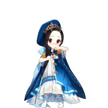 1girl aged_down black_hair blue_dress blue_hat braid clarice_lapis dress epaulettes forehead gold_tiara hat long_hair red_eyes salt_(salty) single_braid socks tearing_up uchi_no_hime-sama_ga_ichiban_kawaii white_socks