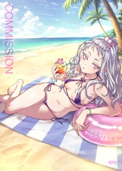 Rule 34 | 1girl, beach, bikini, breasts, commission, cup, cupping glass, fishine, front-tie bikini top, front-tie top, grey hair, highres, holding, holding cup, holding microphone, long hair, looking at viewer, lying, microphone, nail polish, on side, original, palm tree, purple bikini, purple eyes, side-tie bikini bottom, small breasts, solo, swimsuit, tree