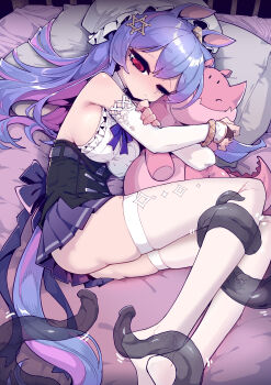 1girl absurdres animal_ears breasts bridal_gauntlets chinese_commentary closed_mouth commentary_request elbow_gloves gloves high-waist_skirt highres horse_ears horse_girl horse_tail hugging_object imazawa large_breasts large_variant_set long_hair lying miniskirt multicolored_hair no_shoes on_side one_eye_closed original paid_reward_available pillow pink_hair pleated_skirt purple_hair purple_skirt red_eyes shirt sideboob sideless_shirt skirt solo stuffed_animal stuffed_toy tail tentacles thighhighs two-tone_hair variant_set white_gloves white_shirt white_thighhighs