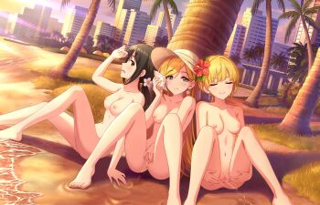 3girls annindoufu_(oicon) beach black_hair blonde_hair blush breasts building censored city closed_eyes collarbone earrings flower fujimoto_rina grass hat hat_flower highres idolmaster idolmaster_cinderella_girls jewelry long_hair looking_at_viewer low_twintails medium_breasts miyamoto_frederica mosaic_censoring multiple_girls nakano_yuka navel nipples nude nude_filter outdoors palm_tree peeing peeing_together public_indecency pussy sand short_hair sitting skyscraper smile spread_legs spread_pussy sun_hat third-party_edit tree twintails water white_hat