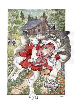 1girl animal badger big_bad_wolf blue_eyes blush_stickers border braid brown_shoes cape chimney commentary_request day dirt_road fence flower freckles head_in_mouth highres honjo_kei hood hood_up hooded_cape house little_red_riding_hood_(fairy_tale) little_red_riding_hood_(fairy_tale_character) looking_at_viewer medium_hair moss open_mouth outdoors outside_border pantyhose pink_hair red_cape red_flower red_skirt road running sharp_teeth shirt shoes signature skirt smile tears teeth thick_eyebrows traditional_media tree twin_braids white_border white_pantyhose white_shirt wolf wooden_fence yellow_flower