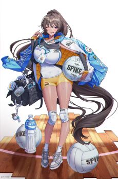 1girl absurdres bag ball bottle coat coat_on_shoulders duffel_bag elbow_gloves fingerless_gloves gloves gnxxe1 highres knee_pads one_eye_closed original pocari_sweat ponytail product_placement purple_eyes shorts sleeveless sportswear volleyball_(object) volleyball_uniform water_bottle yellow_shorts