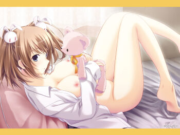 1girl bitter_smile bottomless breasts brown_hair cleavage dress_shirt giga highres nipples no_bra open_clothes open_shirt pussy shirt short_hair todoroki_mii