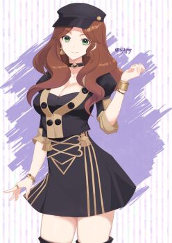 1girl bracelet breasts brown_hair choker cleavage dorothea_arnault earrings fire_emblem fire_emblem:_three_houses garreg_mach_monastery_uniform green_eyes hat jewelry large_breasts long_hair looking_at_viewer nintendo ring skirt solo sylphy_fe thighhighs