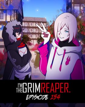 1boy 1girl black_coat black_hair blonde_hair blue_eyes bob_cut brook_(i&#039;m_the_grim_reaper) coat commentary crossed_arms day english_commentary english_text fur-trimmed_hood fur_trim graveweaver grin hair_between_eyes hair_over_one_eye hand_up highres hood hood_down i&#039;m_the_grim_reaper light_particles official_art outdoors promotional_art red_scarf scarf scarlet_(i&#039;m_the_grim_reaper) shirt short_hair smile two-tone_hoodie upper_body v village white_shirt