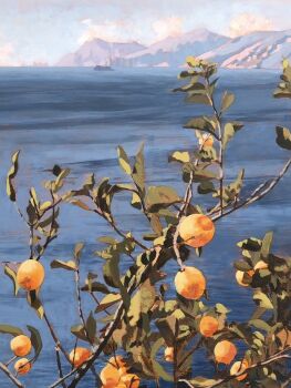 blue_sky branch day food fruit highres jimmusilpainter lemon mountain no_humans ocean original outdoors scenery sky tree