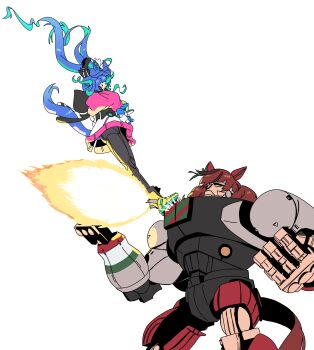 Rule 34 | 2girls, absurdres, adapted costume, ahoge, animal ears, animal hood, aqua hair, archives.gokulism, black leggings, blue hair, boots, bow, commentary, ear covers, english commentary, fire, floating hair, hair bow, highres, hood, hoodie, horse ears, horse girl, horse tail, leggings, looking at another, mechanization, multicolored hair, multicolored hoodie, multiple girls, nice nature (umamusume), purple eyes, rabbit hood, red hair, sidelocks, simple background, streaked hair, striped bow, stuffed animal, stuffed rabbit, stuffed toy, tail, thrusters, twin turbo (blast mode! turbo engine) (umamusume), twin turbo (umamusume), twintails, two-tone hair, umamusume, white background, yellow boots, yellow eyes