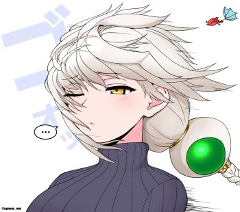 ... 1girl abyssal_ship asymmetrical_hair black_sweater braid braided_ponytail breasts commentary_request cypress_(hinokidou) highres holding holding_umbrella jitome kantai_collection large_breasts long_hair one_eye_closed revision single_braid speech_bubble spoken_ellipsis sweater turtleneck turtleneck_sweater umbrella very_long_hair wavy_hair white_hair wind yellow_eyes