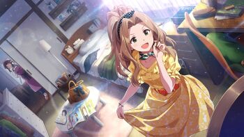 2girls anime_coloring bag bandana bandana_around_neck bedroom belt black_hairband blue_bow book bow bracelet brown_bag brown_hair chair clock curtained_hair curtains cushion day desk drawer dress frilled_sleeves frills game_cg green_eyes hairband handbag high_ponytail idolmaster idolmaster_million_live! idolmaster_million_live!_theater_days indoors jewelry lamp long_hair magazine_(object) multiple_girls nikaido_chizuru official_art patterned_clothing photo_(object) picture_frame plant polka_dot ponytail potted_plant puffy_short_sleeves puffy_sleeves red_belt shelf short_sleeves third-party_source trying_on_clothes wide_ponytail window yellow_dress