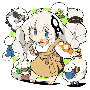 1girl a.i._voice ahoge blue_eyes blush braid brown_skirt chibi collarbone cottonee crossover eldegoss floating_hair full_body gen_2_pokemon gen_5_pokemon gen_8_pokemon green_background grey_hair hair_ornament highres ini_(inunabe00) kizuna_akari kizuna_akari_(a.i._voice) leaning_forward long_hair long_skirt long_sleeves looking_at_viewer mareep nintendo no_sclera open_mouth outstretched_arms pokemon pokemon_(creature) puffy_long_sleeves puffy_sleeves shirt shirt_tucked_in skirt smile spread_arms suspender_skirt suspenders trait_connection twin_braids two-tone_background unown unown_a very_long_hair voiceroid whimsicott white_background white_footwear white_shirt wooloo