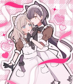 2girls animal_ears apron black_gloves blue_eyes bourei_(lvle_aqhs) braid cat_ears ceras_yanagida_lilienfeld clothing_cutout commentary edel_note fang flustered frilled_apron frills gingham_background glove_cutout gloves grey_hair hand_on_another&#039;s_chin highres jellyfish_cut katsuragi_izumi link!_like!_love_live! long_hair love_live! maid maid_apron maid_headdress multiple_girls nyan_nyan_nyan_fair_in_gamers official_alternate_costume open_mouth orange_eyes outline pink_background pink_ribbon polka_dot polka_dot_background puffy_short_sleeves puffy_sleeves ribbon short_sleeves side_braid slit_pupils symbol-only_commentary twitter_username virtual_youtuber white_apron white_outline yuri
