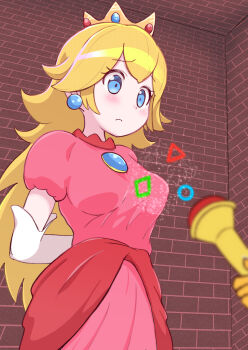 1girl absurdres arms_behind_back blonde_hair blue_eyes blush breasts brick_wall brooch circle closed_mouth crown dress earrings elbow_gloves eyelashes frown furrowed_brow gloves highres holding holding_wand indoors jewelry kukaninugi long_hair looking_down magic mario_(series) medium_breasts nintendo pink_dress princess princess_peach puffy_short_sleeves puffy_sleeves short_sleeves solo_focus square super_mario_bros._1 triangle wand white_gloves