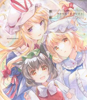 Rule 34 | 3girls, animal ear fluff, animal ears, animal hat, blonde hair, blue tabard, bow, bowtie, brown eyes, brown hair, cat ears, chen, choker, commentary request, dress, green hat, hair bow, hands in opposite sleeves, hat, hat ribbon, long hair, long sleeves, looking at viewer, mob cap, multiple girls, open mouth, painting (medium), purple dress, purple eyes, red bow, red ribbon, red vest, ribbon, ribbon choker, short hair, smile, tabard, touhou, traditional media, twitter username, very long hair, vest, watercolor (medium), watermark, white bow, white bowtie, white hat, yakumo ran, yakumo yukari, yanagise, yellow eyes