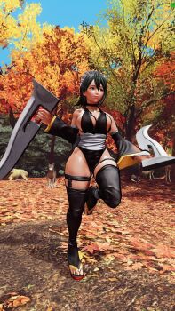 1girl 3d ass black_hair black_leotard blue_sky breasts butterfly_swords curvy forest highleg highleg_leotard highres holding holding_weapon huge_ass iroha_(samurai_spirits) large_breasts leotard lips looking_to_the_side maid maid_headdress nature revealing_clothes ryona samurai_spirits screencap shiny_skin short_hair sky smile snk solo third-party_edit thong_leotard tree weapon wide_hips