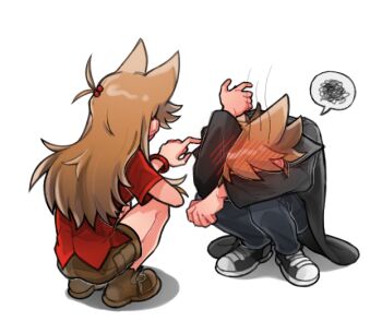 Rule 34 | 1boy, 1girl, animification, black coat, black pants, blush, bracelet, brown hair, brown shoes, brown shorts, buwangchuxingaoyixin, chinese commentary, coat, commentary request, dual persona, eddsworld, embarrassed, from behind, genderswap, genderswap (mtf), hair bobbles, hair ears, hair ornament, jewelry, long hair, long sleeves, official alternate costume, pants, poking, red shirt, shirt, shoes, short hair, shorts, simple background, sneakers, spoken squiggle, squatting, squiggle, tord (eddsworld), tori (eddsworld), trench coat, variant set, white background