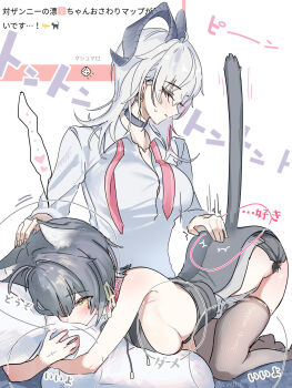 2girls ahoge animal_ears bare_shoulders belt_collar black_choker black_dress black_horns black_shorts black_thighhighs blush breasts cat_ears cat_tail choker closed_eyes closed_mouth collar collarbone collared_shirt commentary_request curled_horns dress earrings female_rover_(wuthering_waves) grey_hair hair_ribbon heart highres horns hugging_object jewelry kemonomimi_mode key_earrings large_breasts long_hair marshmallow_(site) multicolored_hair multiple_girls mutii necktie petting pillow pillow_hug red_collar red_necktie request_inset ribbon rover_(wuthering_waves) shirt short_shorts shorts sideboob spoken_heart stiff_tail streaked_hair tacet_mark_(wuthering_waves) tail thighhighs thighs undone_necktie white_shirt wuthering_waves yellow_eyes yellow_ribbon yuri zani_(wuthering_waves)