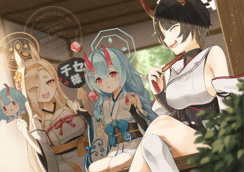 3girls animal_ears bare_shoulders black_hair black_sash blonde_hair blue_archive blue_hair blue_halo blunt_bangs blush braid chise_(blue_archive) closed_eyes demon_girl demon_horns detached_sleeves fang flower fox_ears fox_girl hair_between_eyes hair_flower hair_ornament hair_over_one_eye hairband halo hand_fan highres holding holding_fan horns japanese_clothes kaho_(blue_archive) kimono long_braid long_hair mole mole_under_eye multiple_girls niya_(blue_archive) obi open_mouth original-orange-610917 red_eyes sash single_thighhigh skin_fang thighhighs twin_braids white_flower white_kimono white_thighhighs yellow_eyes yellow_flower yellow_hairband yellow_halo
