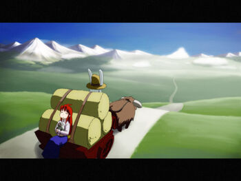 2girls ahoge animal animal_ears anime_coloring archived_source bad_link bloom blue_skirt blue_sky brown_hair brown_horns buckle bull closed_mouth collared_shirt fake_screenshot field hair_between_eyes hair_ears hat hay hay_bale holding holding_animal holding_sheep horns impasto letterboxed long_hair long_sidelocks long_skirt lowres mountain multiple_girls nagian original cow_horns path rabbit_ears rabbit_girl red_hair road sheep sheep_horns shirt short_hair sidelocks sitting skirt sky straight_hair straw_hat sunlight very_long_hair wagon walking white_eyes white_horns white_shirt white_sleeves wing_collar