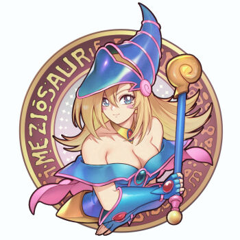1girl blonde_hair blue_eyes blue_helmet blue_leotard blush border breasts brooch cleavage closed_mouth coin commentary dark_magician_girl english_commentary fake_text gauntlets gold_necklace grey_background hair_between_eyes helmet hexagram holding holding_staff jewelry leotard long_hair looking_at_viewer medium_breasts meziosaur necklace pink_ribbon ribbon smile solo staff star_(symbol) star_of_david star_symbol_background strapless strapless_leotard upper_body white_border yu-gi-oh!