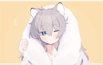 Rule 34 | 1girl, animal ear fluff, animal ears, blue eyes, blush, brown background, closed mouth, collarbone, commentary request, flying sweatdrops, grey hair, hair between eyes, hand up, highres, long hair, looking at viewer, one eye closed, original, riya (01214), shirt, solo, towel, towel on head, upper body, white shirt