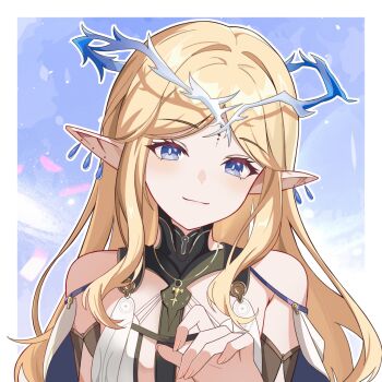 1girl bare_shoulders blonde_hair blue_eyes breasts cartethyia_(wuthering_waves) closed_mouth commentary_request crown_of_thorns earrings hasana highres jewelry long_hair looking_at_viewer parted_bangs partial_commentary pointy_ears smile solo tacet_mark_(wuthering_waves) teardrop_earrings upper_body wuthering_waves