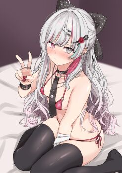 1girl absurdres ahoge bandaged_arm bandages bed between_breasts bikini black_collar black_necktie black_thighhighs blush bow bracelet breasts collar commentary_request ear_piercing earrings ekibyoudayo gradient_hair green_streaks grey_eyes grey_hair hair_bow hair_intakes hair_ornament hairclip heterochromia highres ishigami_nozomi jewelry long_hair looking_at_viewer micro_bikini multicolored_hair necktie nijisanji nose_blush o-ring o-ring_bikini o-ring_necktie on_bed piercing pink_bikini pink_eyes pink_hair pink_streaks polka_dot polka_dot_bow red_nails ring side-tie_bikini_bottom sitting small_breasts solo spiked_collar spiked_ear_piercing spikes streaked_hair string_bikini swimsuit thighhighs v very_long_hair virtual_youtuber wariza