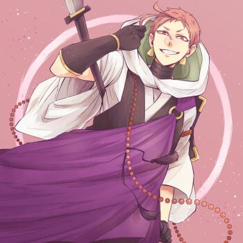 Rule 34 | 1boy, armor, earrings, gloves, grin, gura (rick grick), hood, hood down, iwatooshi, japanese armor, jewelry, kesa, male focus, naginata, orange eyes, orange hair, polearm, short hair, shoulder armor, smile, sode, solo, touken ranbu, weapon