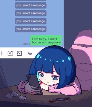 1girl aqua_eyes aqua_hair blood bloody_knife blunt_bangs blunt_ends blush bob_cut boxcutter chair chat_log chibikki closed_mouth colored_inner_hair commentary dark desk elbow_rest english_text fake_phone_screenshot fake_screenshot gaming_chair grey_background head_rest implied_self-harm knife multicolored_hair nanako_(chibikki) on_chair original pink_sweater pixel_art sad self-harm short_hair sitting solo sweater swivel_chair symbol-only_commentary tearing_up two-tone_hair unhappy used_tissue