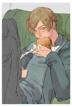 Rule 34 | 1boy, black pants, blonde hair, blue eyes, bobomimi, border, burger, character name, eating, fast food, food, food in mouth, food on face, grey jacket, grey shirt, holding, holding burger, holding food, jacket, leon s. kennedy, light blush, male focus, pants, parted bangs, resident evil, resident evil 2, shirt, short hair, sitting, sketch, solo, upper body, white border