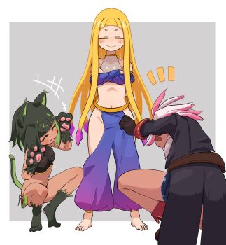 Rule 34 | 3girls, animal ears, animal hands, barefoot, black hair, blush, border, cat ears, cat girl, cat tail, closed eyes, clothing cutout, colored tips, commentary request, crossed arms, dark-skinned female, dark skin, gloves, green hair, grey background, harem pants, highres, hip vent, long hair, mok orz, multicolored hair, multiple girls, navel, open mouth, original, outside border, pants, paw gloves, paw shoes, pink hair, puffy pants, purple hair, short eyebrows, smile, standing, tail, two-tone hair, white border, white hair