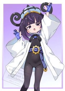 1girl :o arm_up belt belt_buckle black_bodysuit blue_gloves bodysuit border buckle coat commentary_request flat_chest gloves gluteal_fold gradient_background gwynn_(pokemon) hand_up hat long_sleeves looking_at_viewer mega_stone nassukun nintendo o-ring o-ring_belt open_clothes open_coat open_mouth outside_border partially_fingerless_gloves pokemon pokemon_legends:_z-a purple_background purple_eyes purple_hair short_hair simple_background solo straight-on watermark white_border white_coat wide_sleeves