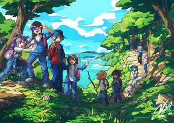 3d_glasses 6+girls absurdres adapted_costume alice_margatroid alternate_hairstyle backpack bag baseball_cap black_hair blonde_hair blue_eyes blue_hair closed_eyes cloud commentary commentary_request doggo_1d34 forest fujiwara_no_mokou grey_hair hakurei_reimu hand_in_pocket hat highres hiking holding holding_leash holding_stick horizon houraisan_kaguya inaba_tewi inubashiri_momiji inubashiri_momiji_(wolf) jacket kamishirasawa_keine kawashiro_nitori kirisame_marisa leash long_sleeves looking_at_another looking_at_viewer multicolored_hair multiple_girls nature open_clothes open_jacket patchouli_knowledge pointing ponytail purple_hair red_eyes reisen_udongein_inaba shinki_(touhou) shirt shoes shore smile stick streaked_hair tareme touhou track_jacket v white_shirt yagokoro_eirin |_|