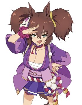 Rule 34 | 1girl, animal ears, archives.gokulism, blue eyes, breasts, brown hair, chest sarashi, cleavage, collarbone, commentary, english commentary, fang, fox mask, green eyes, hair between eyes, highres, horse ears, horse girl, horse tail, inari one (inari yukari edomurasaki) (umamusume), inari one (umamusume), japanese clothes, kimono, kouhaku nawa, large breasts, long hair, looking at viewer, mask, mask on head, open mouth, purple kimono, rope, sarashi, scrunchie, shimenawa, simple background, smile, solo, tail, twintails, umamusume, white background, wrist scrunchie