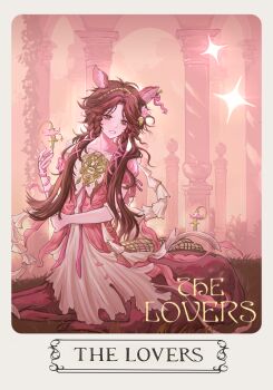 1girl animal_ears border brown_hair centauroid deer_ears deer_girl dress english_text flower green_eyes grey_border grin hair_flower hair_ornament hair_over_shoulder hair_ribbon hand_up highres jessica_(reverse:1999) jessica_(the_sound_of_paradise)_(reverse:1999) long_hair looking_down low_twintails official_alternate_costume pillar pink_background pink_dress pink_flower pink_ribbon reverse:1999 ribbon short_sleeves shuoyaori_xianding sitting smile solo sparkle taur twintails