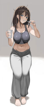 1girl bare_shoulders barefoot blue_eyes blush breasts brown_hair brushing_teeth collarbone commentary_request cup grey_pants grey_sports_bra hair_between_eyes highres holding holding_cup holding_toothbrush kureha_(ironika) large_breasts long_hair looking_at_viewer midriff navel original pants simple_background solo sports_bra toothbrush toothbrush_in_mouth tsubasa_(kureha)