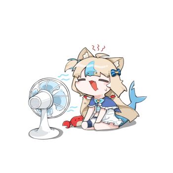 1girl =_= ahoge animal_ears blonde_hair blue_sailor_collar blush_stickers bow cat_ears chibi chibi_only commentary electric_fan facing_viewer fang fins fish_girl fish_tail from_side hair_bow highres hot ilgong indie_virtual_youtuber kaniki_(sameko_saba) long_hair motion_lines multicolored_hair open_mouth sailor_collar sameko_saba shorts simple_background sitting solo streaked_hair sweat tail twintails virtual_youtuber wariza white_background white_shorts