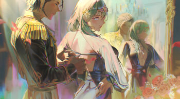 1boy 1girl absurdres backless_dress backless_outfit black_dress breasts claude_von_riegan dark-skinned_male dark_skin dress dressing_another female_byleth_(awakened)_(fire_emblem) female_byleth_(fire_emblem) fire_emblem fire_emblem:_three_houses green_eyes green_hair hetero highres looking_at_another looking_back medium_breasts medium_hair mirror nintendo official_alternate_hair_color standing zhihaiwusheng