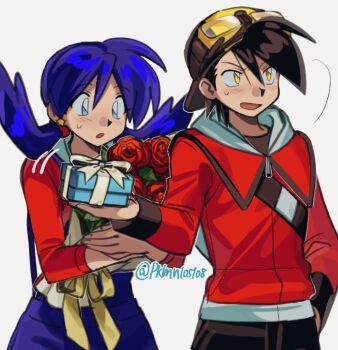 Rule 34 | 1boy, 1girl, afyewv5, black hair, black hat, blue eyes, blue hair, blue overalls, blush, commentary request, ethan (pokemon), flower, gift, hat, hetero, lyra (pokemon), nintendo, open mouth, overalls, pokemon, pokemon gsc, red shirt, shirt, twitter username, yellow eyes