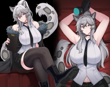1girl 1other absurdres ant_k arknights armpits bare_shoulders black_boots black_choker black_coat black_necktie black_thighhighs boots breasts choker coat collared_shirt commentary crossed_bangs doctor_(arknights) double-parted_bangs earrings fur-trimmed_coat fur_trim genderswap genderswap_(mtf) grey_eyes grey_hair hands_up high_ponytail highres jewelry large_breasts long_bangs long_hair looking_at_viewer looking_to_the_side lying navel necktie on_back parted_lips ponytail pov pov_hands shirt shorts silverash_(arknights) single_earring sitting sleeveless sleeveless_shirt snow_leopard_ears snow_leopard_girl snow_leopard_tail solo_focus symbol-only_commentary thighhighs