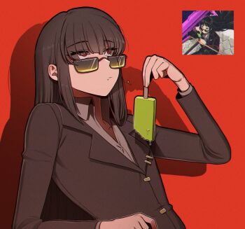 1girl black_hair black_suit closed_mouth collared_shirt eyes_visible_through_hair flat_chest food formal_clothes grey_shirt highres holding holding_food holding_popsicle lapels limbus_company long_hair long_sleeves looking_up misg1111 notched_lapels popsicle project_moon red_background red_eyes ryoshu_(project_moon) screenshot_inset shirt simple_background solo suit sunglasses