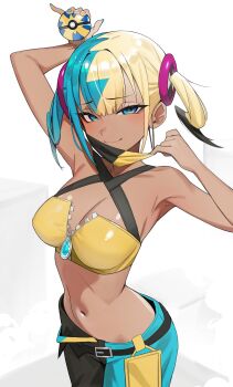 1girl aqua_hair armpits arms_up bare_shoulders black_mask blonde_hair blue_eyes blush breasts canari_(pokemon) center-flap_bangs cleavage closed_mouth collarbone criss-cross_straps highres holding holding_poke_ball kiritzugu large_breasts looking_at_viewer mask mask_pull multicolored_hair navel nintendo pants partially_unzipped poke_ball pokemon pokemon_legends:_z-a quick_ball short_twintails smile solo split-color_hair sports_bra twintails two-tone_hair two-tone_mask yellow_mask yellow_sports_bra