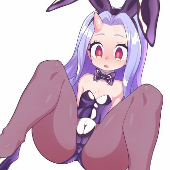 1girl animal_ears bare_shoulders black_bow black_bowtie black_leotard black_shoes blush boku_no_hero_academia bow bowtie brown_pantyhose cameltoe collar detached_collar empty_eyes eri_(boku_no_hero_academia) expressionless eyebrows eyelashes fake_animal_ears female_focus flat_chest foot_out_of_frame from_below grey_hair high_heels highres horns kaikoinu knees_up leotard loli long_hair looking_at_viewer open_mouth pantyhose playboy_bunny rabbit_ears shoes simple_background single_horn solo spread_legs strapless strapless_leotard thick_thighs thighs white_background white_collar