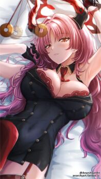 Rule 34 | 1girl, anarchyart, armpit crease, black collar, black dress, blue archive, breasts, collar, dress, fang, gloves, half gloves, highres, horns, hypnosis, large breasts, long hair, mind control, orange eyes, pink hair, red horns, red thighhighs, satsuki (blue archive), thighhighs, thighs